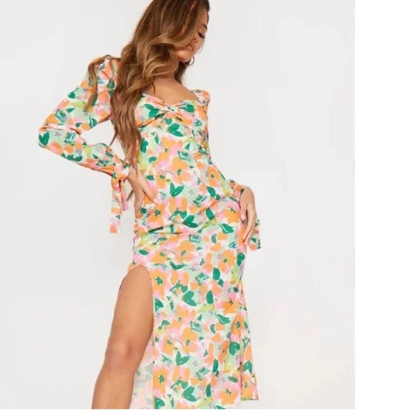 Pretty Little Thing Orange and Green Long Sleeve Floral Midi Dress Tik Tok - Picture 15 of 16